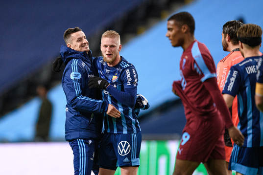 Djurgårdens Haris Radetinac och Kalle Holmberg jublar
