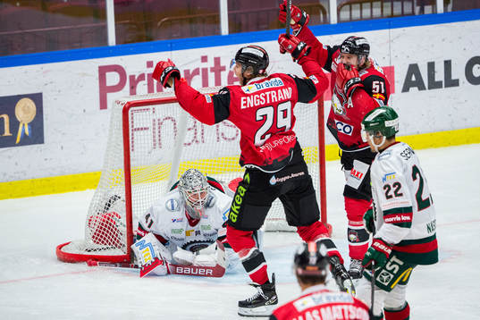 Malmö Redhawks Eric Engstrand och Emil Sylvegård jublar