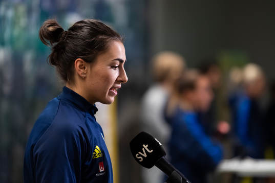 Goalkeeper Zecira Musovic is being interviewed