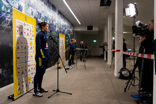 Goalkeeper Zecira Musovic is being interviewed