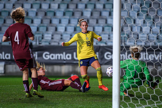 Julia Roddar of Sweden against goalkeeper Sofja Nesterova