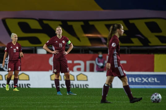 Karlina Miksone of Latvia looks dejected