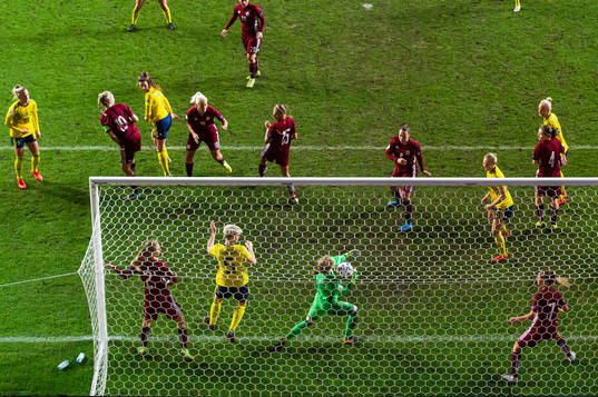 Pauline Hammarlund of Sweden scores 5-0 behind goalkeeper