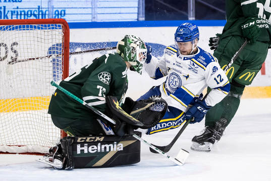 Färjestads målvakt Arvid Holm och Leksands Fredrik