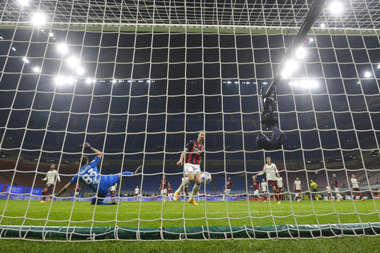 Zlatan Ibrahimovic of Milan scores the 1-0 goal