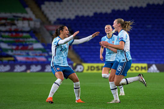 Frida Maanum of Norway celebrates with teammate Ingrid Moe