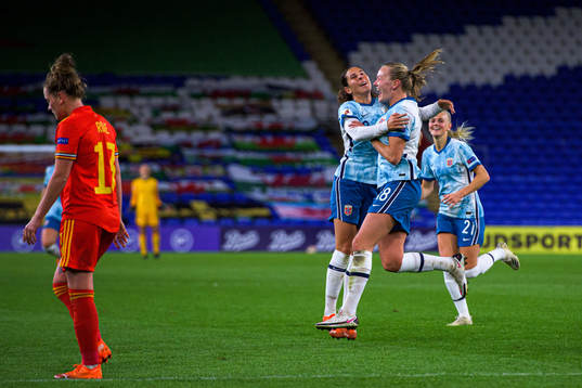 Frida Maanum of Norway celebrates with teammate Ingrid Moe
