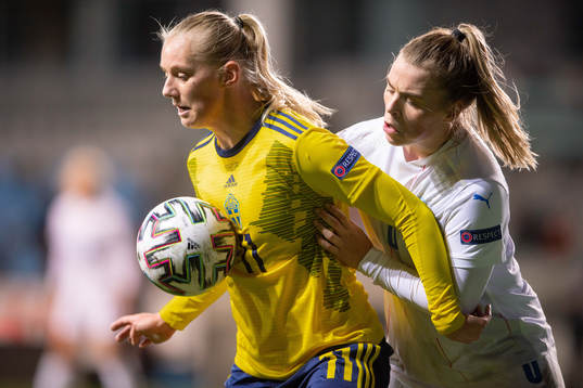 Stina Blackstenius of Sweden and Ingibjörg