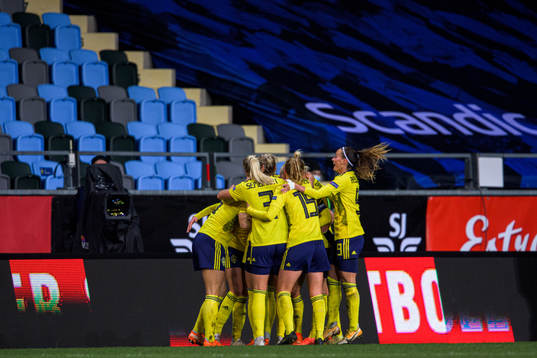 Players of Sweden celebrate the 2-0 goal by Olivia Schough