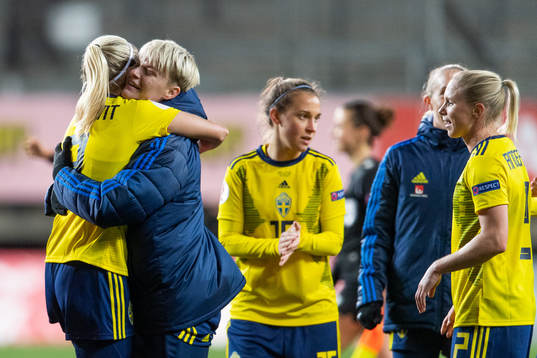 Linda Sembrant and Nilla Fischer of Sweden celebrate