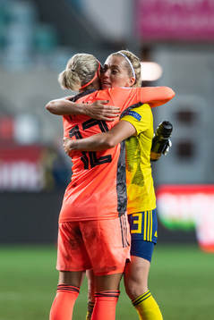Goalkeeper Jennifer Falk and Linda Sembrant of Sweden