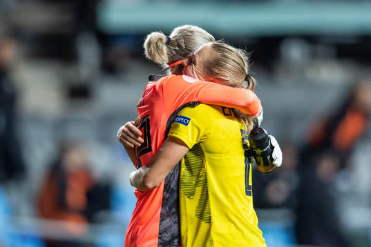Goalkeeper Jennifer Falk and Magdalena Eriksson of Sweden