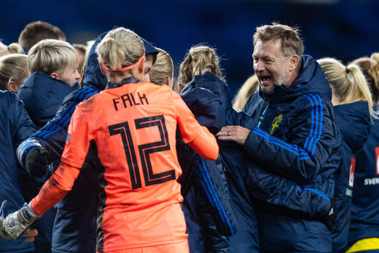 Peter Gerhardsson, head coach of Sweden celebrates