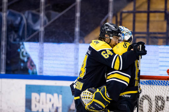 s Eric Martinsson och HV71:s målvakt Hugo Alnefelt jubel