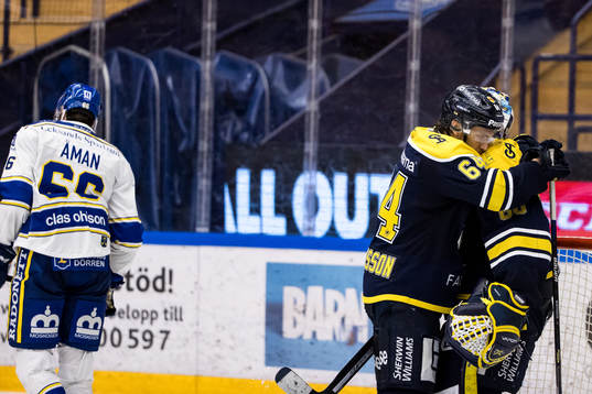 s Eric Martinsson och HV71:s målvakt Hugo Alnefelt jubel