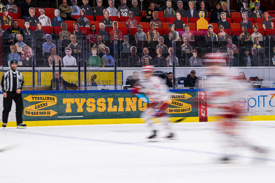 Pappfigurer på läktaren och Timrås spelare i