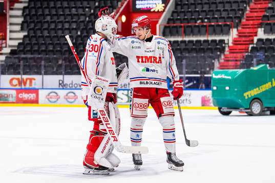 Timrås målvakt Jacob Johansson och Sebastian Hartmann