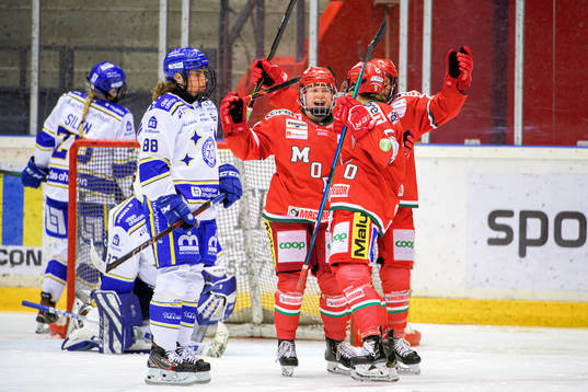 Modos Daniela Pejsova och Lina Ljungbom jublar samtidigt