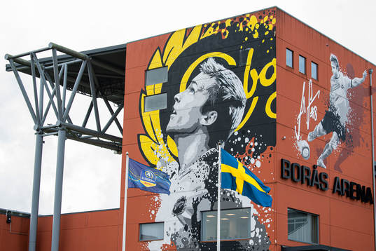Exteriör på Borås arena med svenska och Allsvenskan