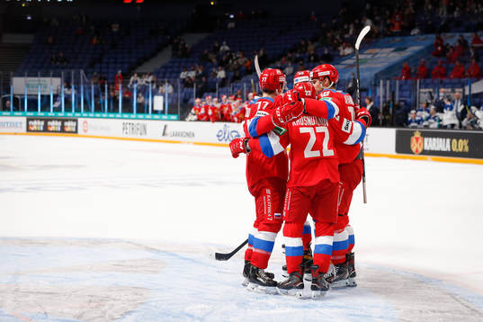 Russian players celebrating 2-0 goal