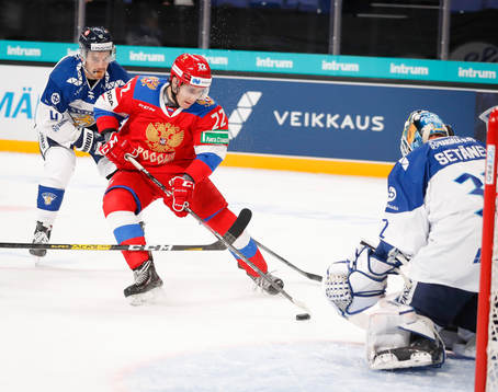 Marat Khusnutdinov #22, RUS scores 2-0 goal behind Finlands