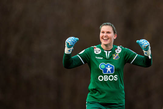 Goalkeeper Kirvil Odden Sundsfjord of Lyn celebrates