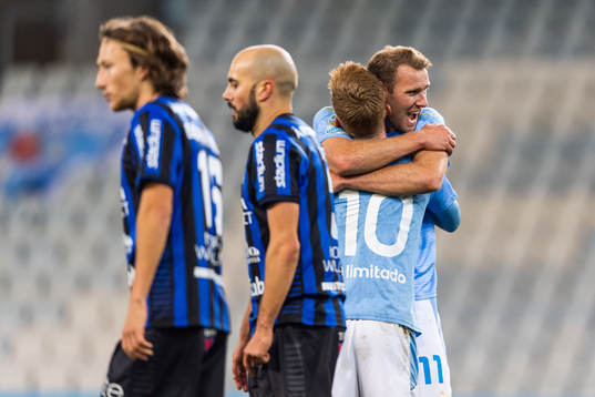 Malmö FFs  Anders Christiansen jublar med Ola Toivonen
