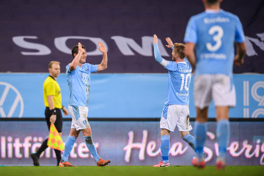 Malmö FFs Eric Larsson och Anders Christiansen jublar