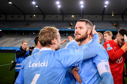 Malmö FFs Oscar Lewicki och Lasse Nielsen jublar över