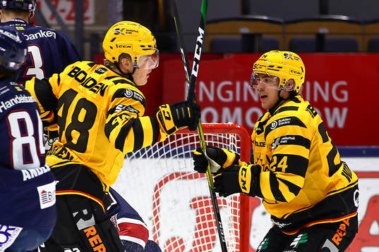 Skellefteås Jonatan Berggren jublar med Andreas Wingerli