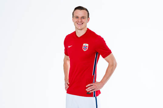 Marius Lode of the Norwegian national football team poses