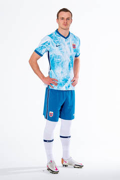 Marius Lode of the Norwegian national football team poses
