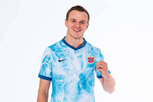 Marius Lode of the Norwegian national football team poses