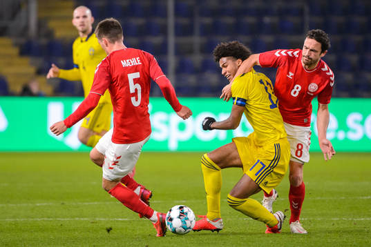 Thomas Delaney of Denmark and Jens-Lys Cajuste of Sweden