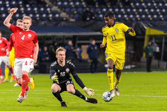 Victor Nelsson and goalkeeper Oliver Christensen of Denmark