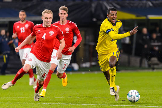 Victor Nelsson of Denmark and Alexander Isak of Sweden
