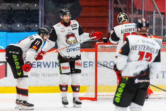 Malmö Redhawks Patrik Hersley deppar med lagkamrater