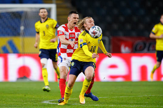 Filip Uremovic of Croatia and Emil Forsberg of Sweden