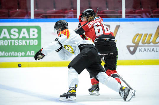 Brynäs Greg Scott i en situation med Malmö Redhawks Adam