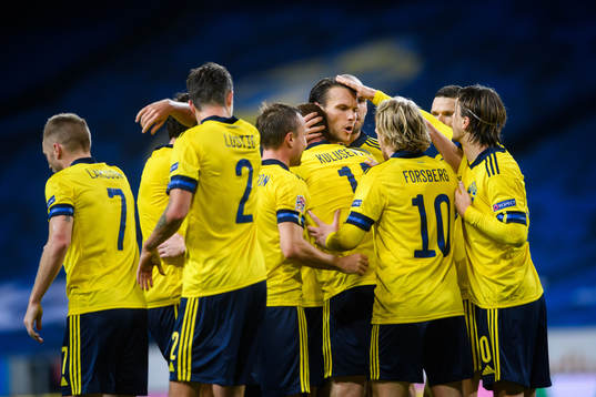 Albin Ekdal and Dejan Kulusevski of Sweden celebrate the