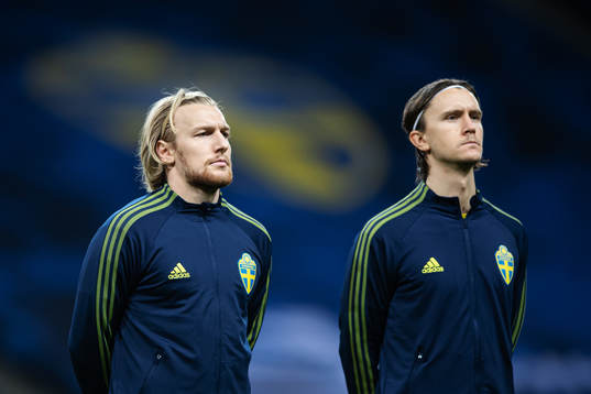 Emil Forsberg and Kristoffer Olsson of Sweden