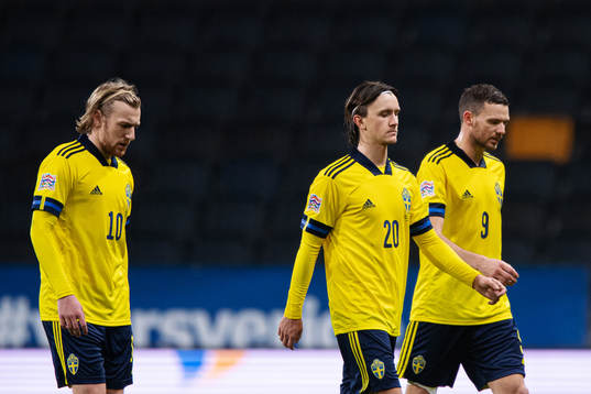 Emil Forsberg, Kristoffer Olsson and Marcus Berg of Sweden