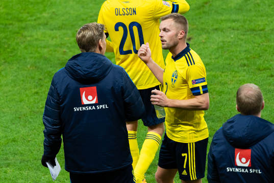 Sebastian Larsson of Sweden talks to head coach Peter
