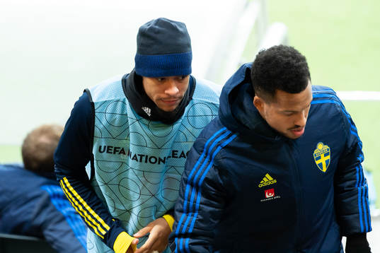 Robin Quaison and Martin Olsson of Sweden in the stands