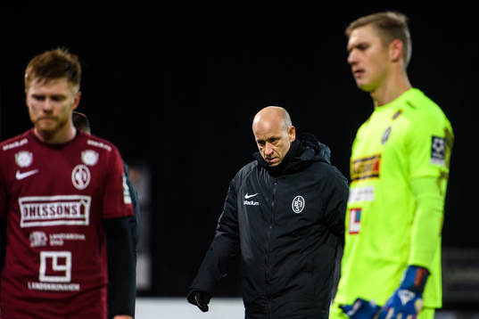 Landskronas Dennis Olofsson,tränare Billy Magnusson och