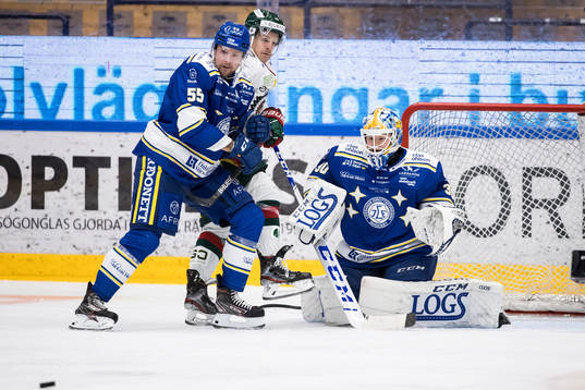 Leksands Jonas Ahnelöv och Leksands målvakt Janne Juvonen