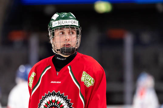 Frölundas Ludwig Persson innan ishockeymatchen i SHL