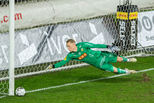 Häckens målvakt Pontus Dahlberg ser en boll gå i stolpen