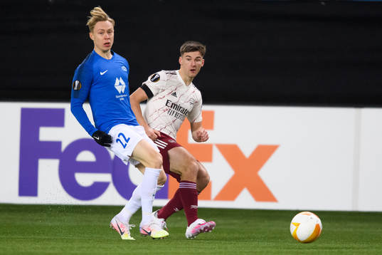 Ola Brynhildsen of Molde and Kieran Tierney of Arsenal