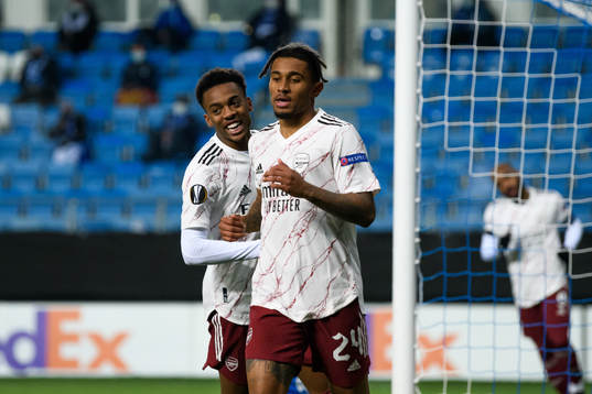 Reiss Nelson of Arsenal celebrates the 0-2 goal